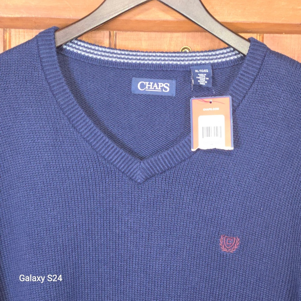 Chaps Mens Navy V Neck Long Sleeve Sweater XL Classic Fit Cotton Blend